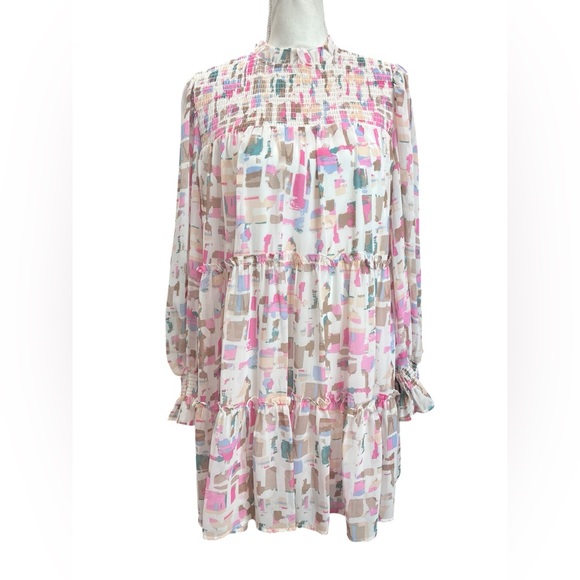 Entro Smocked Tiered Mini Dress M Abstract Print Boho Long Sleeve Lined NWOT - Picture 3 of 10